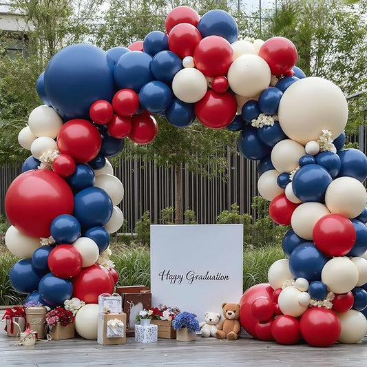 Red White Blue Balloons Arch Kit, Double Stuffed Dark Ruby Red Navy Blue Ivory White Balloons Garland for Patriotic Baseball Graduation Nautical Birthday Party Independence Day Decoration