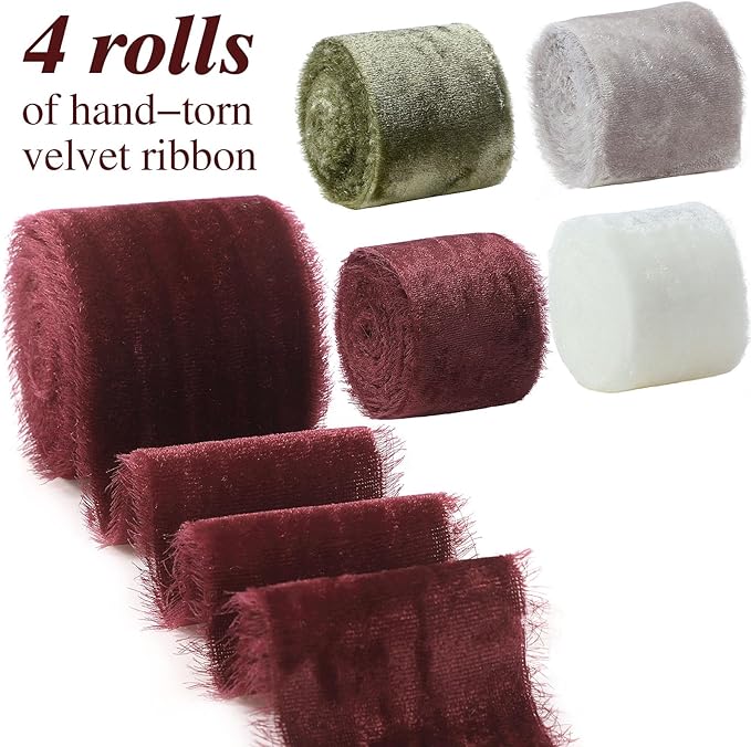 Canlierr 4 Roll Valentine's Day Silk Velvet Ribbon for Gift Wrapping Fringe Fabric Frayed Velvet Ribbon Raw Edge for Valentine Day Party Wedding Decor Bouquet Basket Hair(Fresh Color,2 in X 8 yd)
