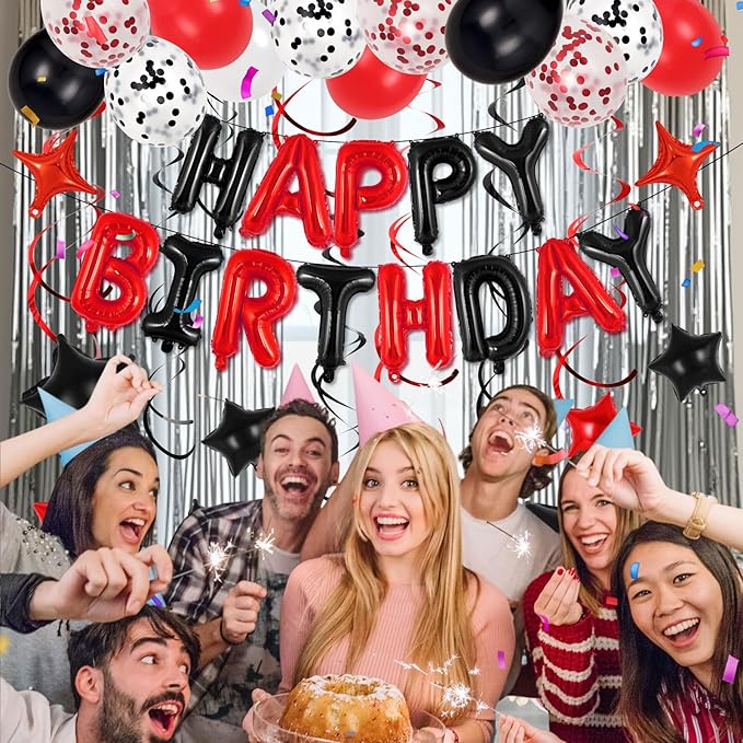 55 Pcs Happy Birthday Balloons Letters Banner with 35 Pcs Star Foil Balloon, 20 Pcs Latex Balloons, 6 Hanging Swirls for Women Men Boys Girls Birthday Party Decorations Set ﻿ (Black and Red)