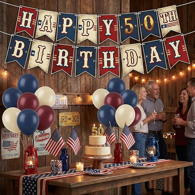 Vintage 50th Birthday Banner for Men & Women (Born in 1976) - Happy 50th Birthday Bunting Flags - Classic Americana Red White Blue Baseball Theme Party Decorations - 2026 Milestone Celebration Sign - Sturdy Cardstock