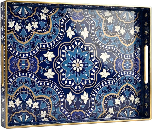 Decorative Serving Tray with Handles - 15.7" x 11.8" Blue Mandala Pattern Rectangular Plastic Platter - Boho Coffee Table Tray for Ottoman, Breakfast in Bed & Living Room Decor
