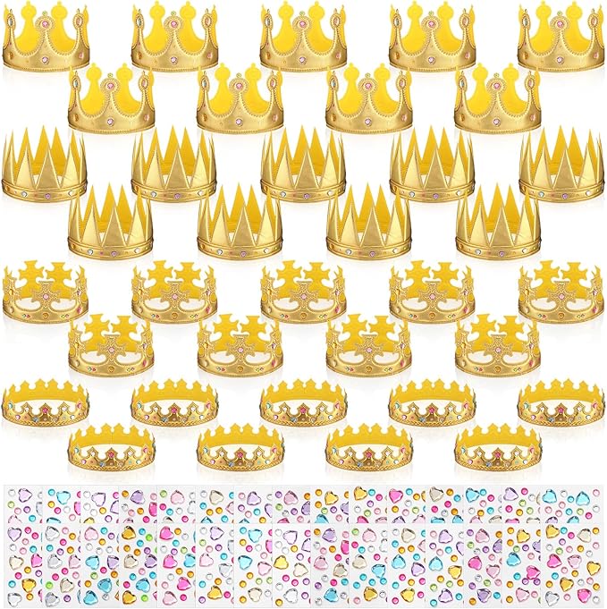 Yaomiao 66 Pieces Foam Princess Tiaras DIY Crowns Kids Party Favors Craft Girls Crystal Diamond Sticker Making Your Own Tiara(66 Pcs,Gold,Cute Style)