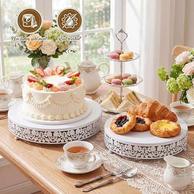 Wenqik 3 Pcs 16'' 14'' 12'' Metal White Cake Stand Round Cake Stands for Dessert Table Cookies Fruit Serving Tray Cupcake Dessert Pastry Riser for Wedding Birthday Party and Events (Traditional Style)