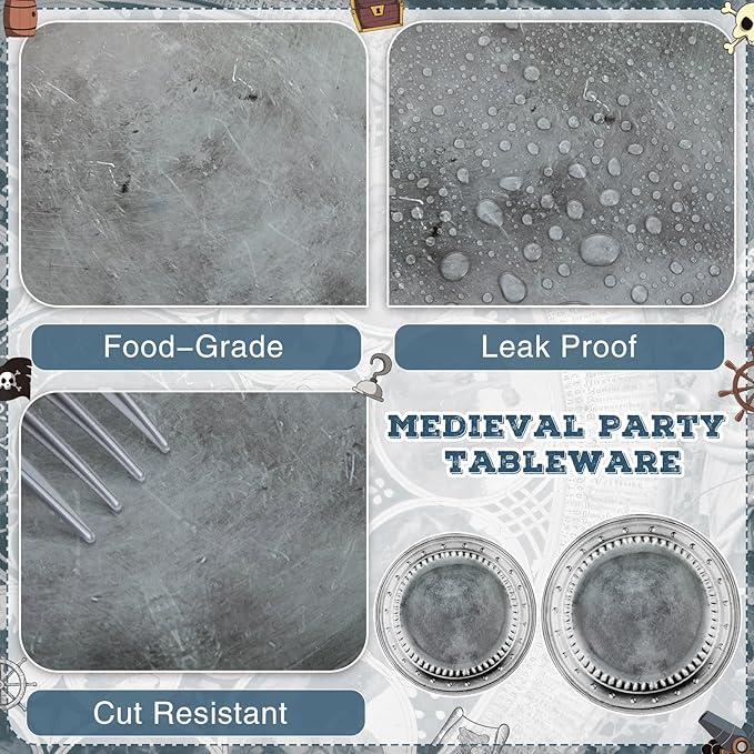 Jingmore 180 Pcs Medieval Party Supplies Disposable Pewter Paper Plates and Forks Tableware Set for Pirate Knight Castle Halloween Decorations Dinner Silver Grey 9" and 7'' Serves 60（Classic Style）