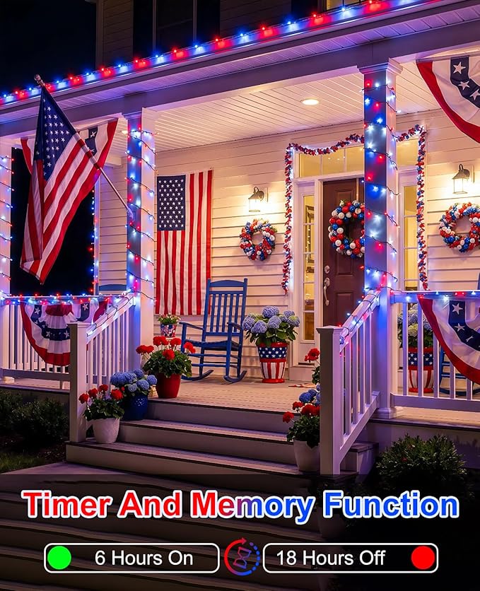 Red White and Blue String Lights, 80FT 240 LED 4th of July Lights Waterproof, Plug in 8 Modes Connectable Patriotic Fairy Light for Independence Day Indoor Patio Tree Party Decorations