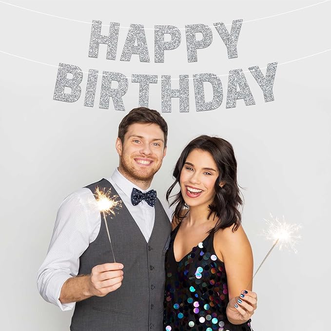 Pre-strung Happy Birthday Banner - No DIY - Silver Glitter Birthday Party Banner for Men & Women - Pre-strung Garland on 8 ft Strands - Silver Bday Party Decorations & Decor. Did We Mention No DIY
