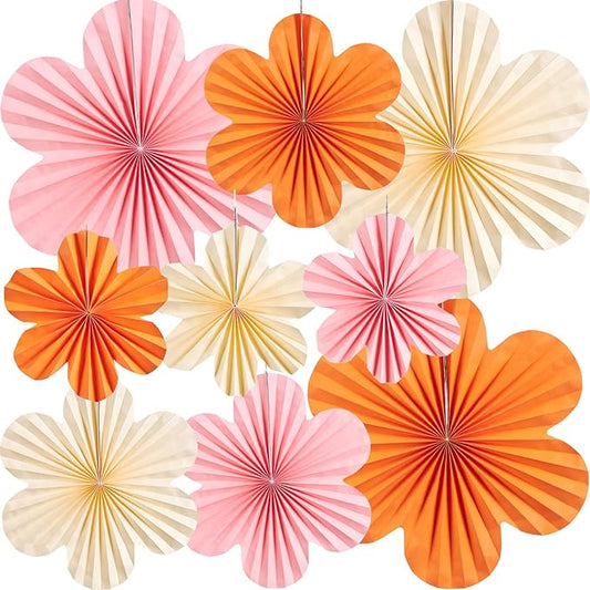 PAPER JAZZ Spring Paper Flowers Decoration Summer Orange Birthday Party Decoration Orange Pink Groovy Paper Fans Classroom for Wall Hanging Decor for Office Baby Shower Bulletin Board.