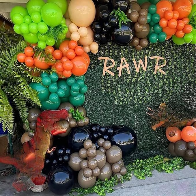 Dinosaur Balloon Arch, Dinosaur Balloon Garland Kit, Retro Green Orange Brown Balloons with Dinosaurs Foil Balloon for Dino Themed Party Decorations Jungle Safari Birthday Party Supplies