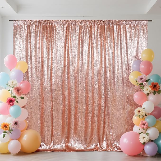 SquarePie 5x7ft Rose Gold Sequin Backdrop, High Density Non-Transparent Glitter Curtain for Photography, Birthday, Wedding Party Decorations, Thick Solid Background with 4" Rod Pocket, 1 Panel