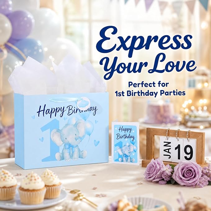 Powbrace 13" Blue Happy Birthday Gift Bag with Tissue Paper and Greeting Card for Party,Happy Birthday Gift Bag for Boys Babies,Gift Bags Medium size(1 PCS Blue Cartoon)