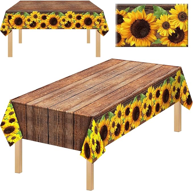 Tegeme 1 Pcs Sunflower Wood Grain Plastic Rustic Tablecloth Vintage Rectangle Table Covers Countryside Outdoor Tablecloth for Dining Table Kitchen Party Banquet, 54 x 108 Inch