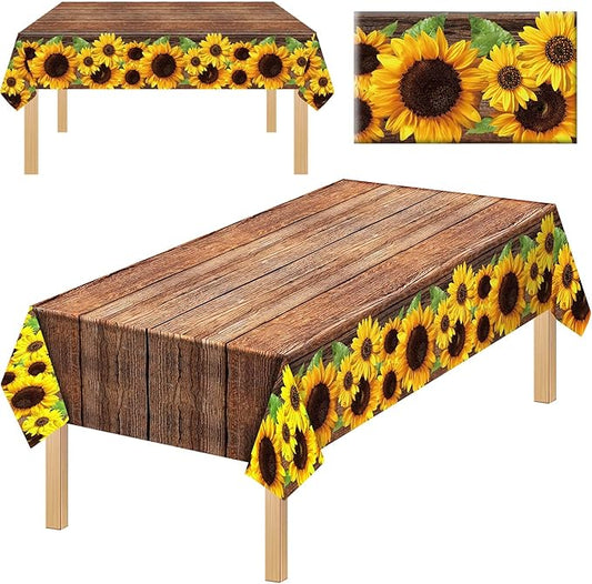 Tegeme 1 Pcs Sunflower Wood Grain Plastic Rustic Tablecloth Vintage Rectangle Table Covers Countryside Outdoor Tablecloth for Dining Table Kitchen Party Banquet, 54 x 108 Inch