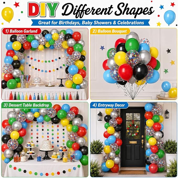 Multicolor Balloons, 60Pcs Red Yellow Blue Balloon, 12 Inch Latex Colorful Metallic Silver Green Black Red Blue Yellow Confetti Balloons Helium for Baby Shower Kids Birthday Wedding Party Decorations