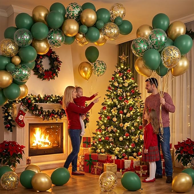 Hiquaty Green and Gold Latex Balloons,50pcs 12 inch Dark Green Balloons Gold Confetti Balloons with Ribbon for Birthday St. Patrick's Day Wedding Party Decoration
