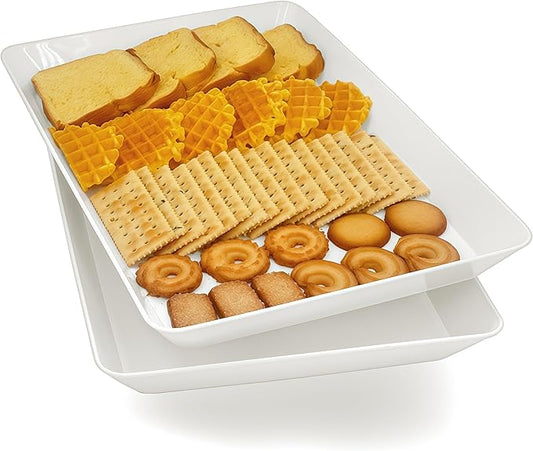 Serving Tray Platter, 2 Pcs Food Tray for Veggie Fruit Snack Dessert Cookie Cheese, Food Trays for Party Supplies Display, Plastic Platters for Serving Food, Large White Trays, BPA Free