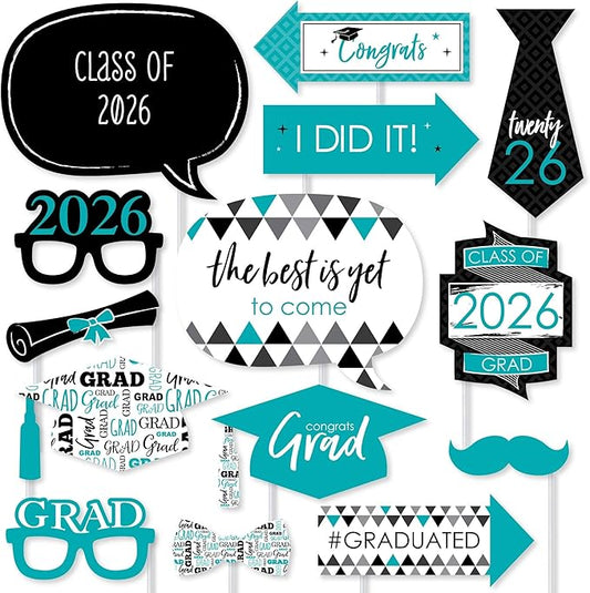 Big Dot of Happiness Graduation Props for Photoshoot 2026, 20-Count Set of High School Senior Photo Booth Props for Pictures and Graduation Party Decorations - Teal