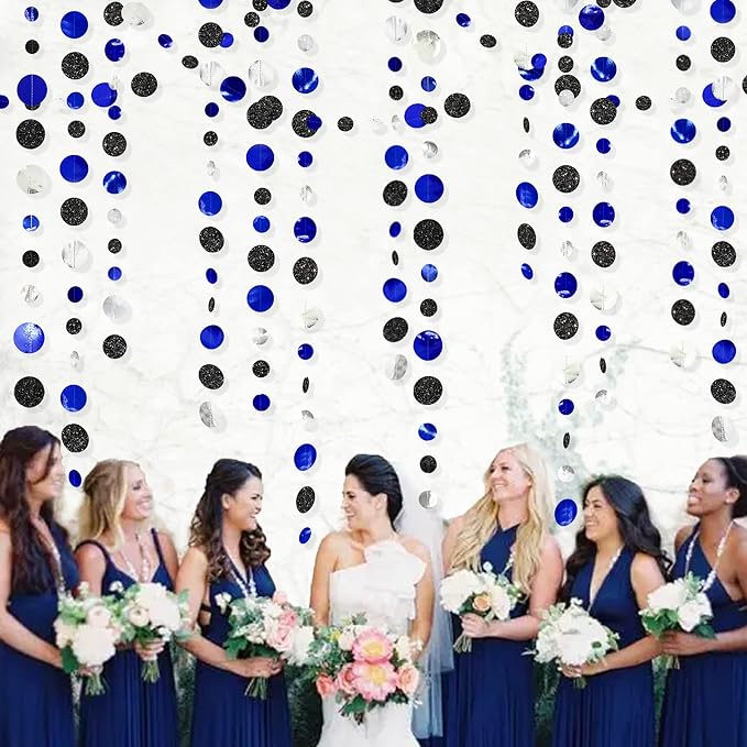 46Ft Navy Blue Black Silver Circle Dots Garland Royal Blue Black Polka Dots Streamer for Birthday Graduations Wedding Bridal Baby Shower Nautical Ahoy Achor Pirate Theme Party Decorations Supplies