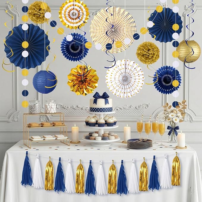 MEIDUO 34 Pcs Blue and Gold Party Decorations, Hanging Paper Lanterns Fans Pom Poms Set, 2026 Blue and Gold Graduation Decorations Supplies, Royal Birthday Decor for Men Boys
