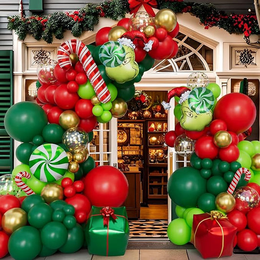 Christmas Balloon Garland Arch Kit with Xmas Red Green Gold Confetti Balloons Candy Cane Gift Box Foil Balloons for Christmas New Year Birthday Party Decorations