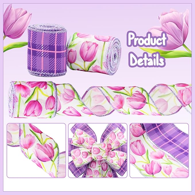 2 Rolls Purple Tulip Wired Ribbon - 2.5 Inch Wide, 10 Yards Total, Elegant Tulip Floral for Wedding Decor, DIY Crafts, Gift Wrapping - Spring-Themed Purple Wired Edge Ribbon