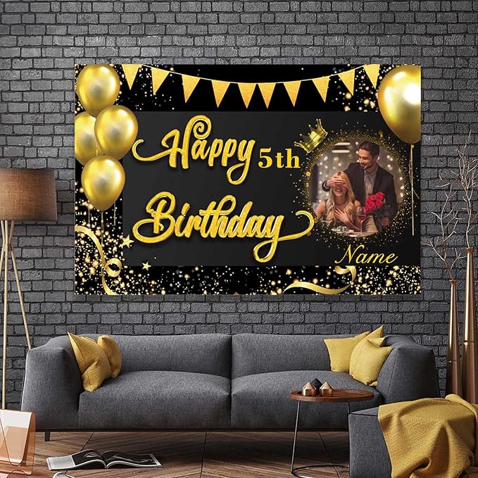 Custom Black and Gold Happy Birthday Party Decorations Supplies Personalized Black and Gold Birthday Backdrop Banner(6x9ft)