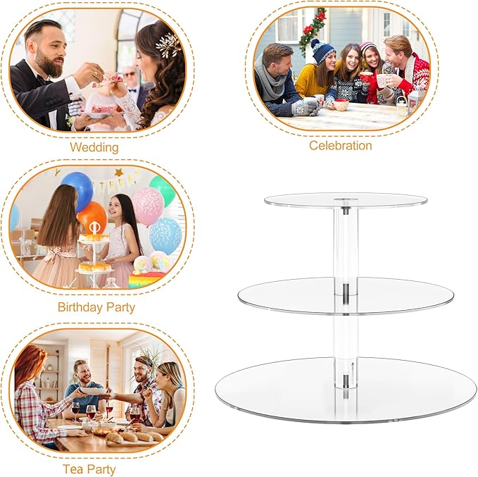 Acrylic Cupcake Stand, Clear Dessert Display Hoder Stand With Base for Wedding, Party, Baby Shower, Get-together, 3 Tier Round, Transparent