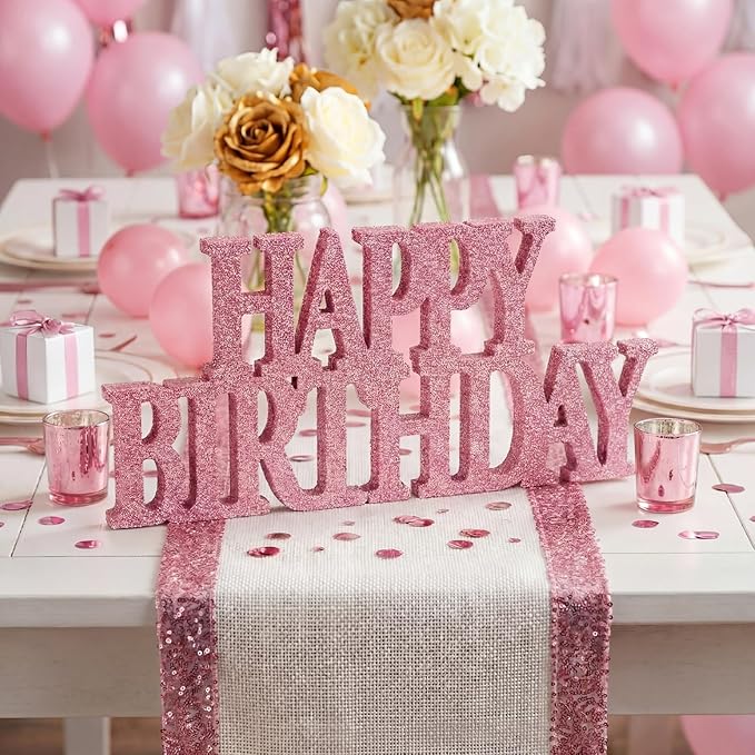 Novabright Happy Birthday Sign Centerpieces for Table Birthday Party Decorations for Women Bday Birthdays Themed Celebration Party Supplies(Pink,Glitter)