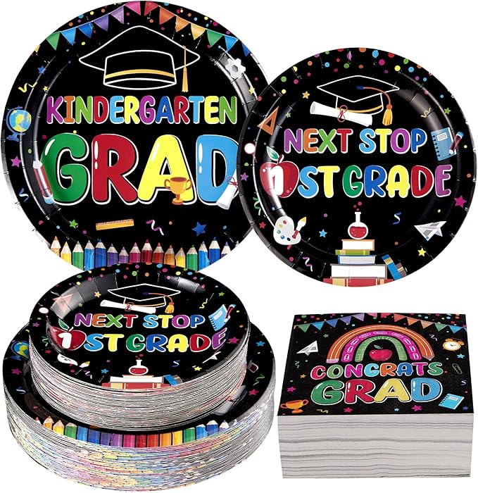 200Pcs Kindergarten Graduation Party Decorations Pre-k Graduation Plates and Napkins Tableware Sets for Kids Preschool Kindergarten Graduation Class of 2026 Elementary Celebration Supplies Serves 50