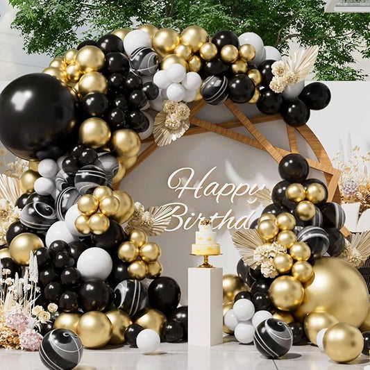 SUWEN 153Pcs Black and Gold Balloons Arch Kit Different Sizes 18 10 5 inch Marble Black White and Metallic Gold Latex Balloons for Birthday Wedding New Years Graduation Anniversary Party Decorations