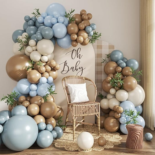 Blue and Brown Balloon Arch Kit, 124Pcs Brown Dusty Blue Light Blue Sand White Balloons for Bear Themed Baby Shower Gender Reveal Birthday Party Decorations