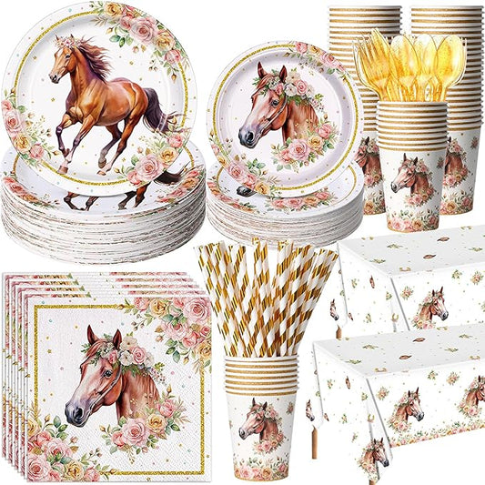 Potchen 452 Pcs Party Supplies Serve 50 Guests, Paper Plates Napkins Cups Cutlery Plastic Tablecloth Dinnerware for Birthday Wedding Party Decoration (Pink Floral, Horse)