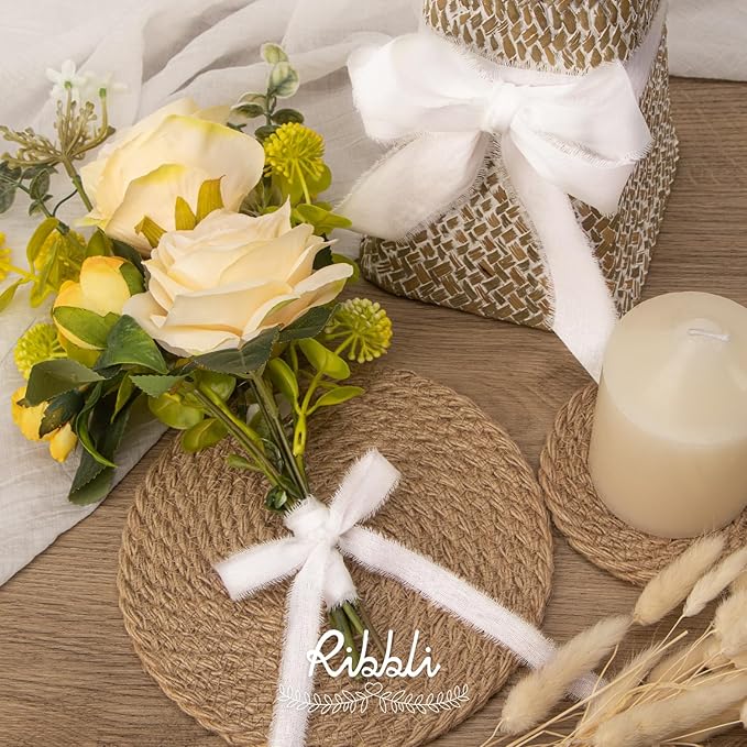 Ribbli 3 Rolls White Ribbon 1.5 Inch x 18Yards Handmade Cotton Frayed Fringe Ribbons for Gift Wrapping Wedding Invites Bridal Bouquets Baby Shower DIY Crafts Home Decor