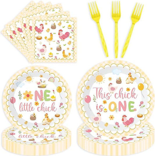 This Chick Is One Birthday Decorations, 96 Pcs Chicken Themed Plates and Napkins Forks Tableware Set, One Cute Chick 1st Birthday Party Supplies Disposable Plates Set for 24 Guests