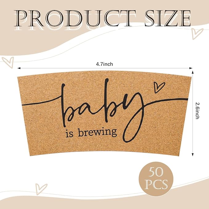 Newtay 50 Counts Baby Is Brewing Coffee Sleeves, Disposable Kraft Paper Cup Sleeves for Baby Shower, Gender Reveal, Halloween Party Decorations, Fits 12 16 or 20 oz Hot Cold Drinks Paper Cup(Rustic)