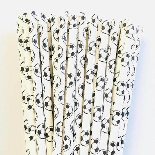 100 pcs Sports Party Paper Straws, Black White Soccer Football Bar Soda Juice Drinking Straws, Kids Teen Boy Birthday Baby Shower Game Day Restaurant World Cup Cake Pop Sticks (White With Soccer)