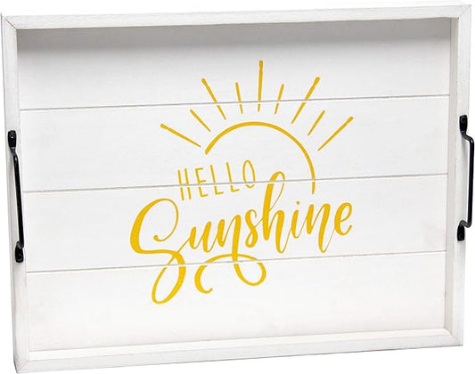 Elegant Designs HG2000-WHS Yellow Sun Decorative Wood Serving Tray w/Handles,15.50" x 12", White Wash Hello Sunshine