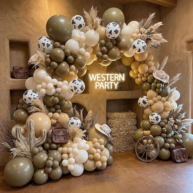 Western Cowboy Balloons Arch Kit - Brown Light Brown Nude Sand White Cow Print Different Size Balloons Garland Kit for Western Cowboy Farm Baby Shower Farm Animal Birthday Party Decorations