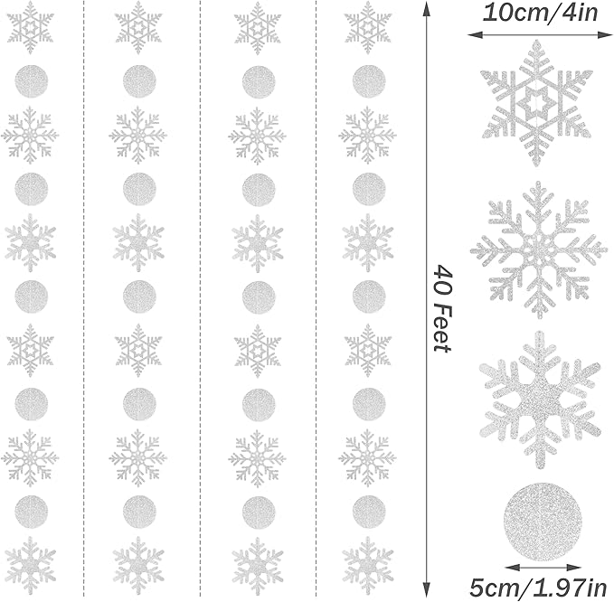 40 Feet Paper Snowflakes Garland Hanging White-Silver Glitter Christmas Snowflake Decoration Streamers for Winter Wonderland Decorations, Baby Shower New Year Ceiling Party Supplies