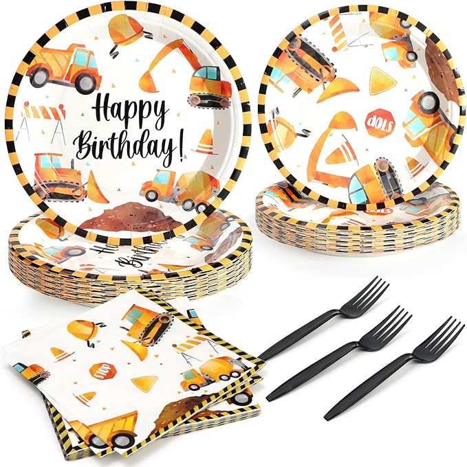 96Pcs Construction Birthday Party Supplies Construction Truck Paper Plates and Napkins and Cups Baby Shower Kids Birthday Party Decorations, Serves 24