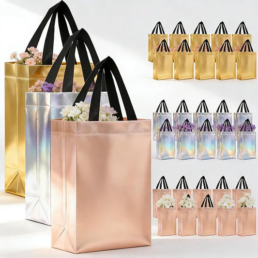 30pcs High-grade Gift Bags Medium with Handles-Mix Color(10xGolden Rose,Golden Yellow,Iridescent),Reusable Gift bags,Bulk Gift Bags with Handles,Party Favor bags,Ideal for Wedding,Birthday(8X4X10)
