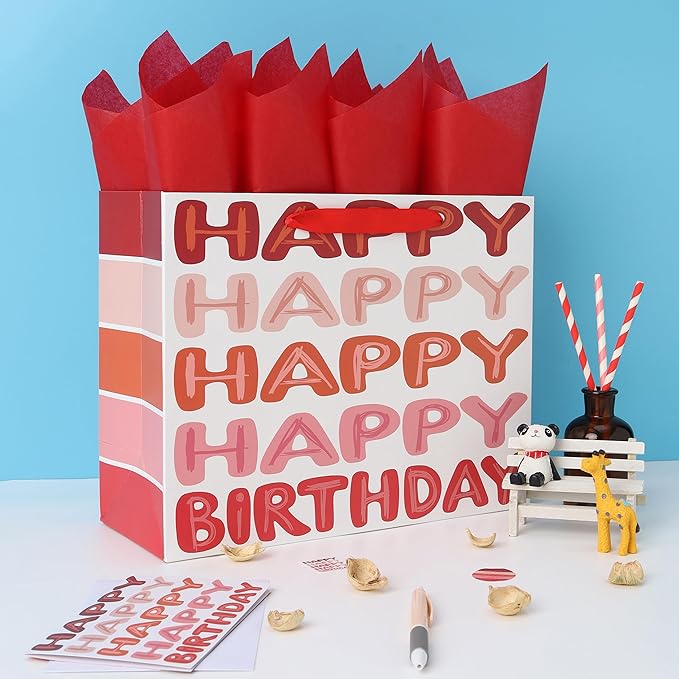 Qirrmiy 13'' Large Red Happy Birthday Gift Bag Set with Handles, Greeting Card, Tissue Papers and Stickers for Women Girls Kids Teens, Words Design, 1 Pcs