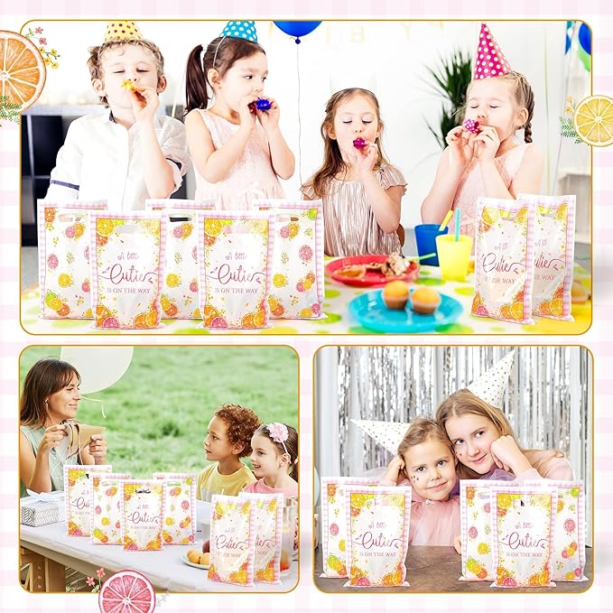 ANGOLIO Summer Grapefruit Gift Bags - 50Pcs A Little Cutie is on the Way Themed Fruit Cuties Party Favor Bags for Baby Shower Birthday Gender Reveal, Summer Lemons Oranges Candy Goodie Treat Handbags