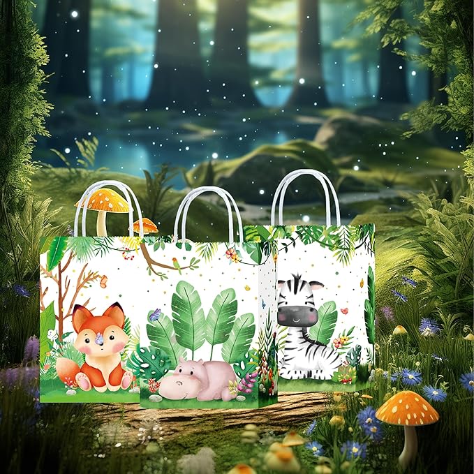 W WINTMING Paper Gift Bags for Birthday 16Pcs Safari Animals Party Favor Bags with Handles Woodland Print Paper Candy Bags Goodie Bags for Wrapping Gifts Jungle Theme Party Supplies