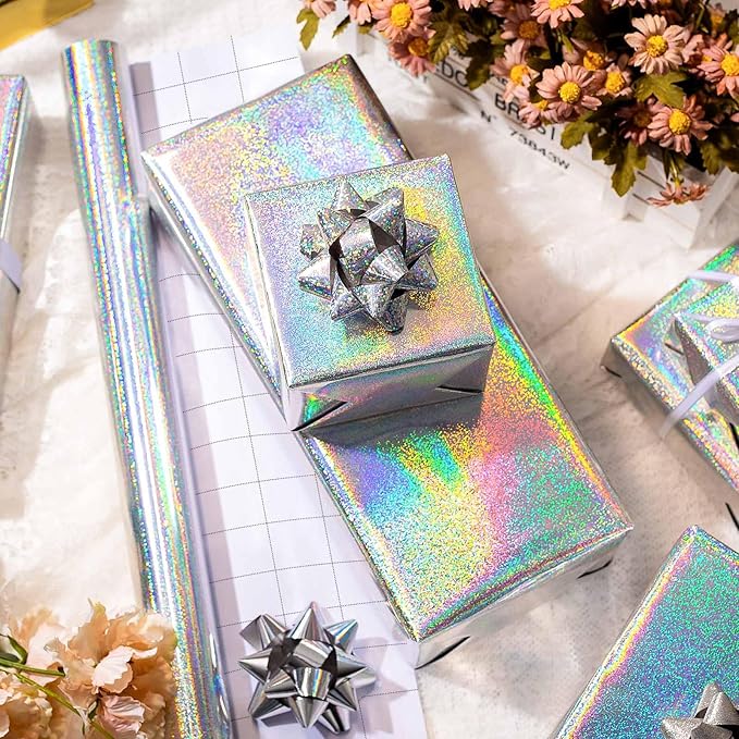 Burymento Silver Wrapping Paper Roll, Metallic Holographic Point Gift Wrap for Birthday, Valentines, Mothers day, Graduation, Wedding, Fathers day, Baby Shower, Christmas (17 IN x 32.8 FT)
