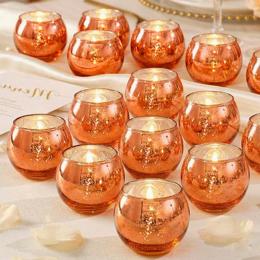 24 Pcs Burnt Orange Candle Holders- Mercury Glass Candle Holders for or Boho Wedding Centerpieces, Bridal Shower, Party Table Decor, Fall and Holiday Home Decoration