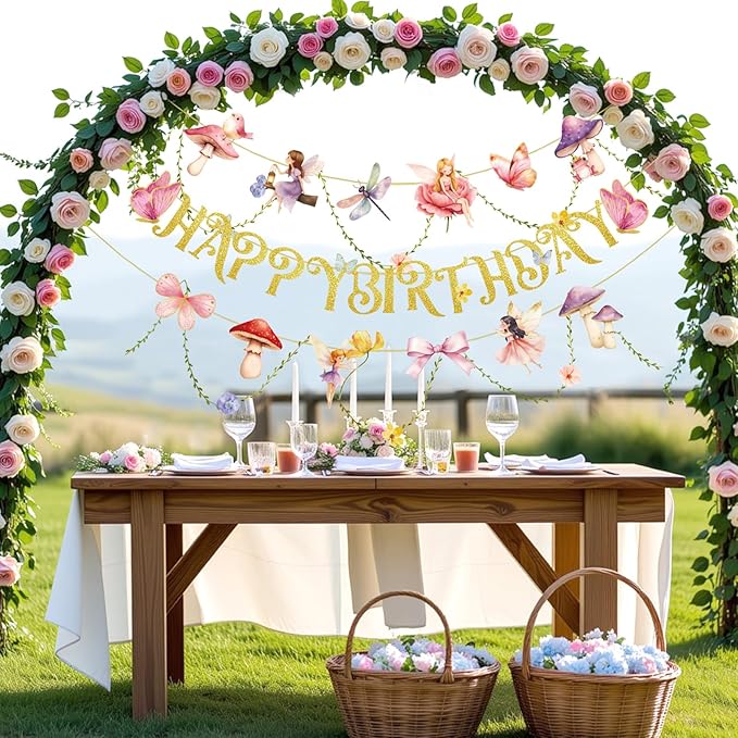 SUNBEAUTY Fairy Birthday Party Banner Fairy Party Decorations Fairy First Birthday Party Decorations for Girls Women Flower Mushroom Garland Leaf Vine String for Baby Shower Wonderland Spring Summer Garden Tea Party
