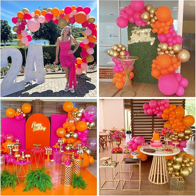 HILAVO Pink and Orange Balloons 12 Inch Pastel Hot Pink Orange Latex Balloon with Gold Confetti Helium Party Balloons for Tropical Fall Birthday Halloween Baby Shower Thanksgiving Decoration