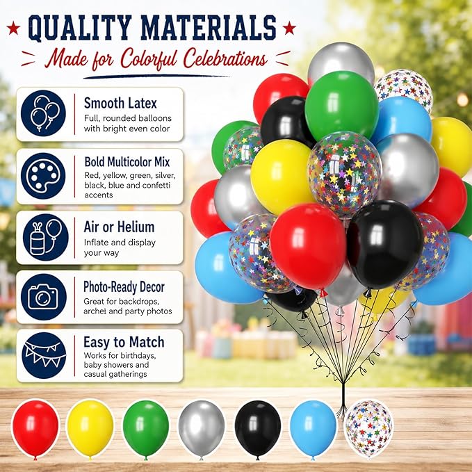 Multicolor Balloons, 60Pcs Red Yellow Blue Balloon, 12 Inch Latex Colorful Metallic Silver Green Black Red Blue Yellow Confetti Balloons Helium for Baby Shower Kids Birthday Wedding Party Decorations