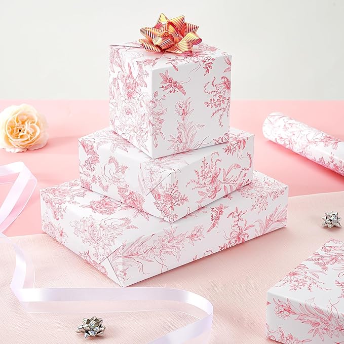 WERNNSAI Pink Wrapping Paper Roll - 1 Roll 17”x 33 ft Vintage Floral Wrapping Paper Pink Flower Gift Wrap for Girls Women Birthday Bridal Shower Wedding Supplies
