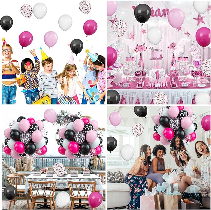 Pink Black Balloon Set, 60PCS Rose Red Black Birthday Balloons, 12 Inch Hot Pink White Latex Balloon Black Dots Pink Confetti Helium Balloons for Girls Theme Birthday Bridal Party Supplies